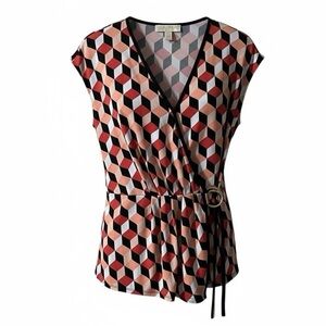 Michael Kors Sleeveless Blouse Size Large Surplice Geometric Wrap Top Coral Red